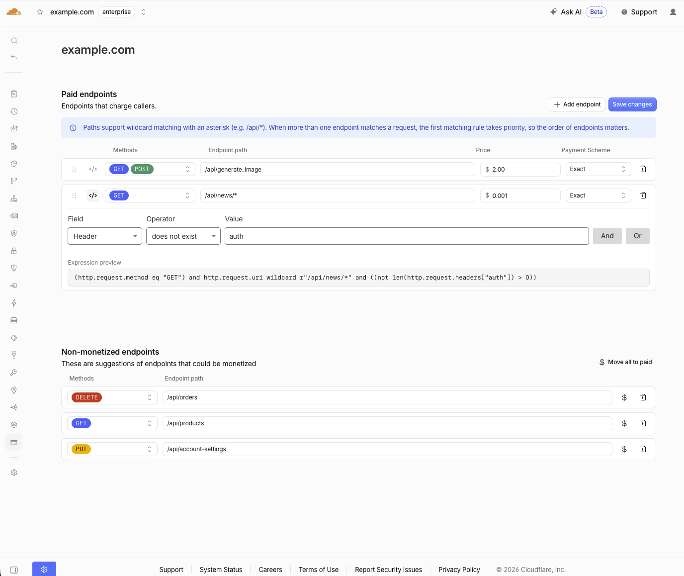 Cloudflare Dashboard 中的付费端点规则示意：不同路径、方法和价格可以被配置成付费资源